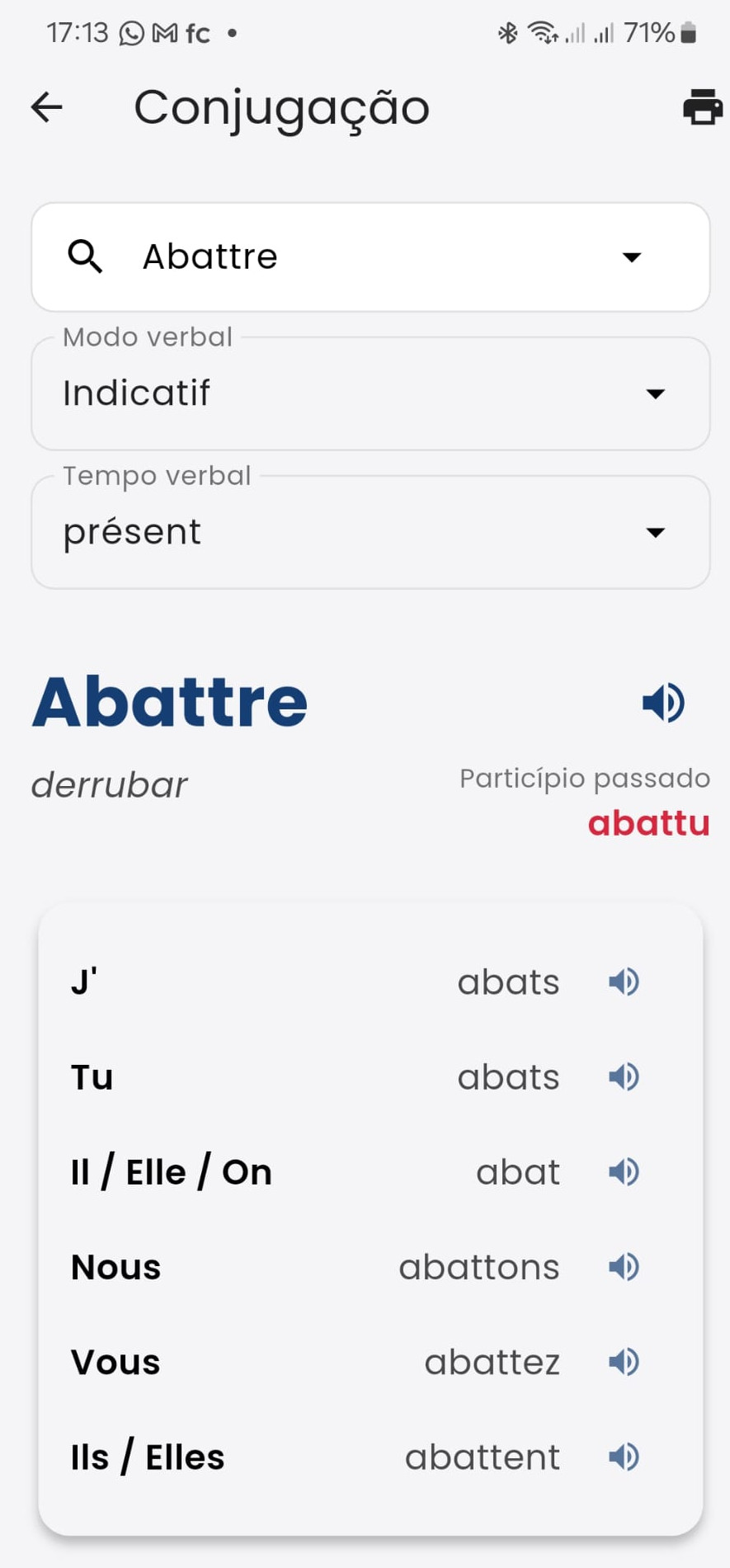 Captura de tela da tela de conjugação