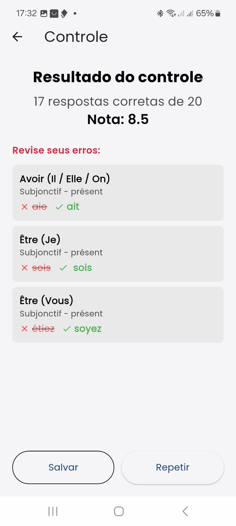 Captura de tela dos erros em um controle