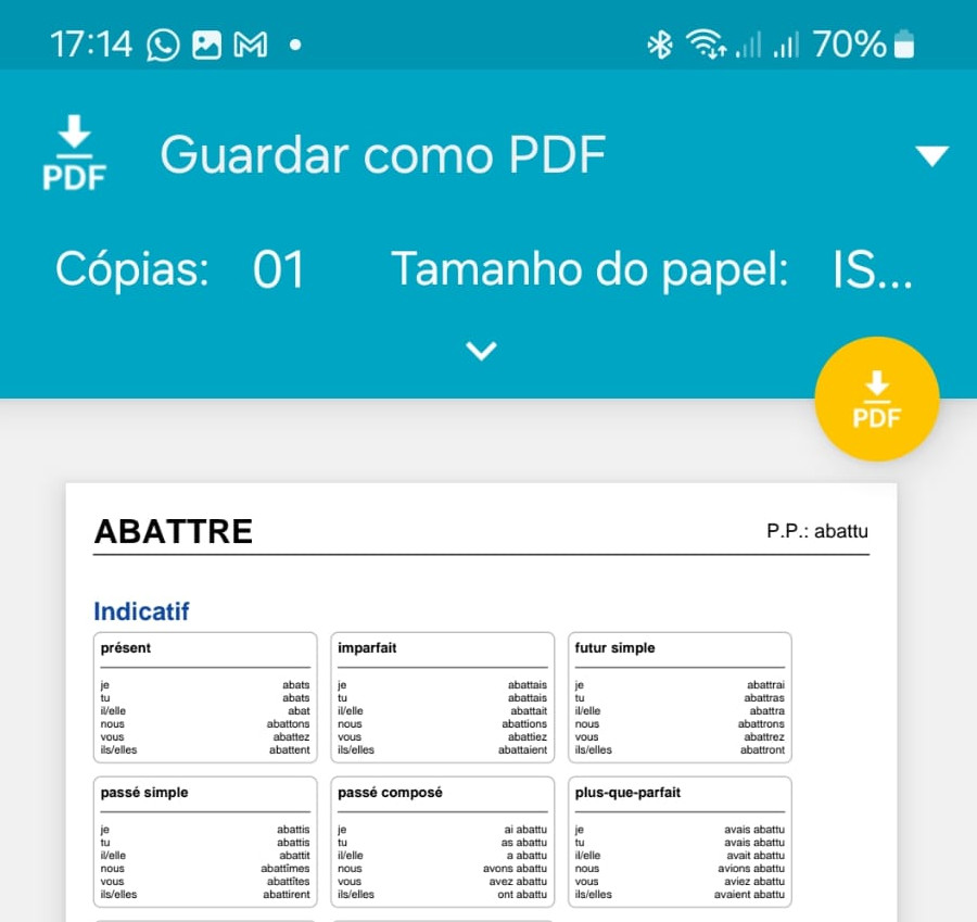 Captura de tela da tela de impressão da ficha do verbo