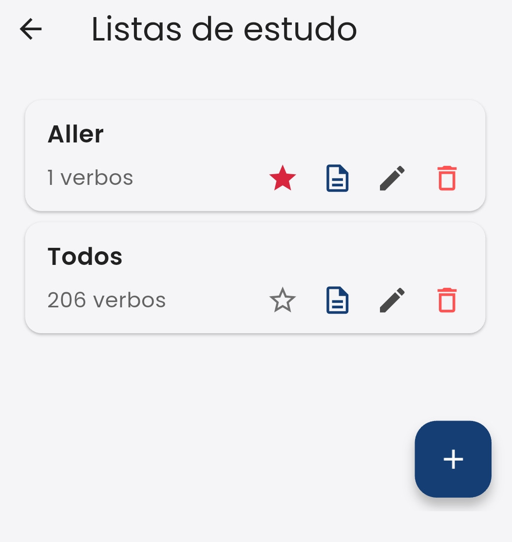 Captura de tela da tela de listas de estudo