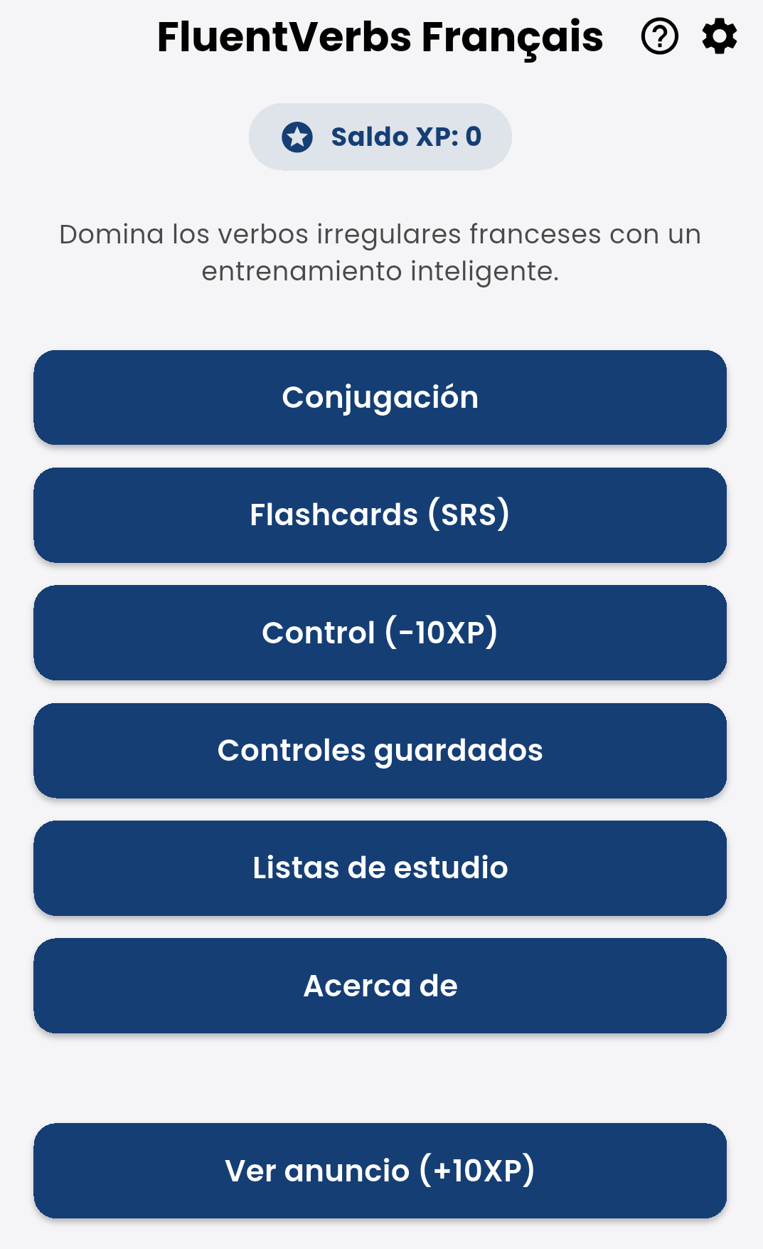 Foto del menu de la app