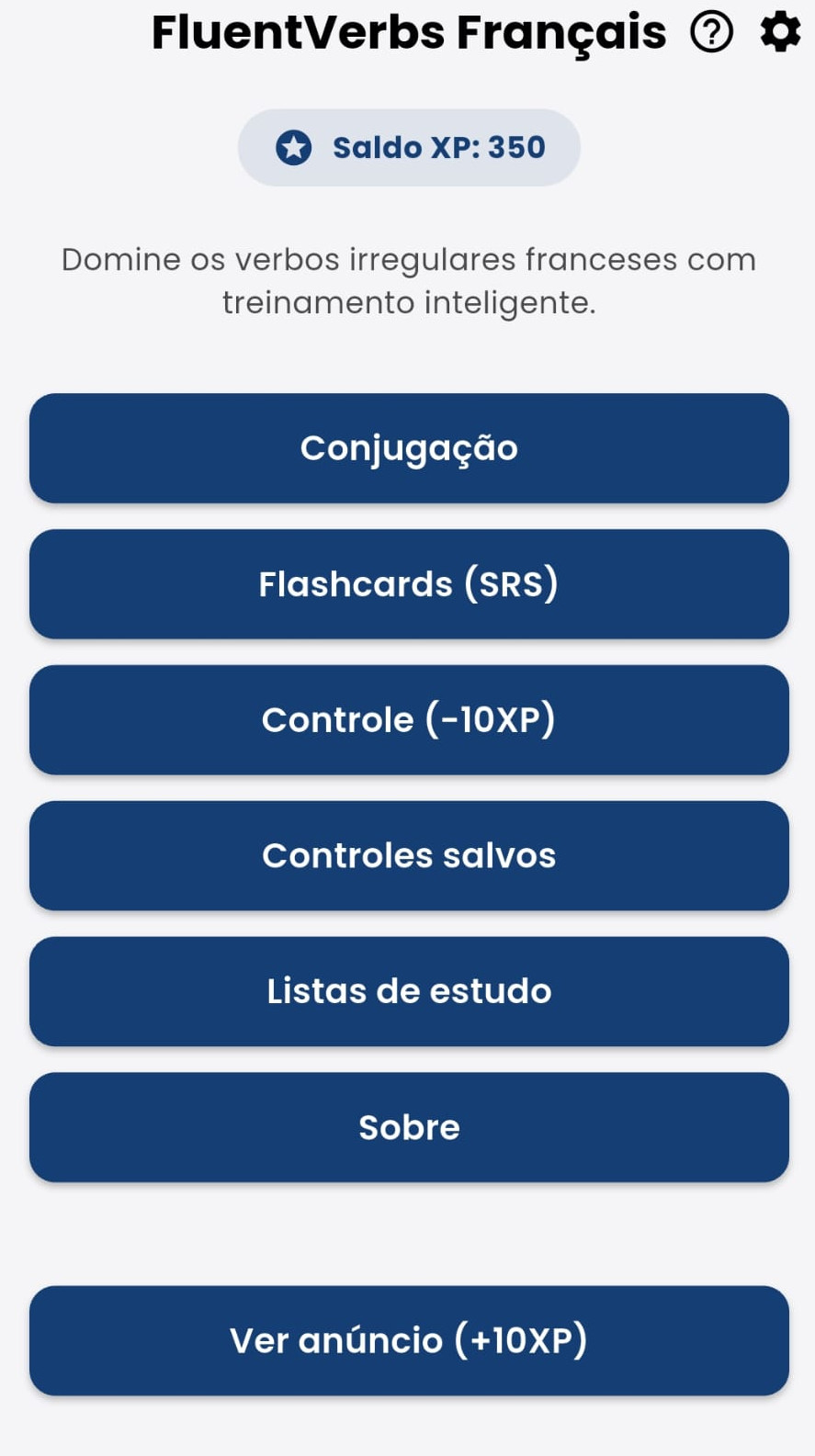 Captura de tela do menu do aplicativo